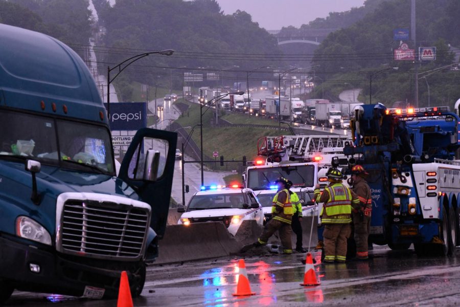 FedEx truck over median on Interstate 70