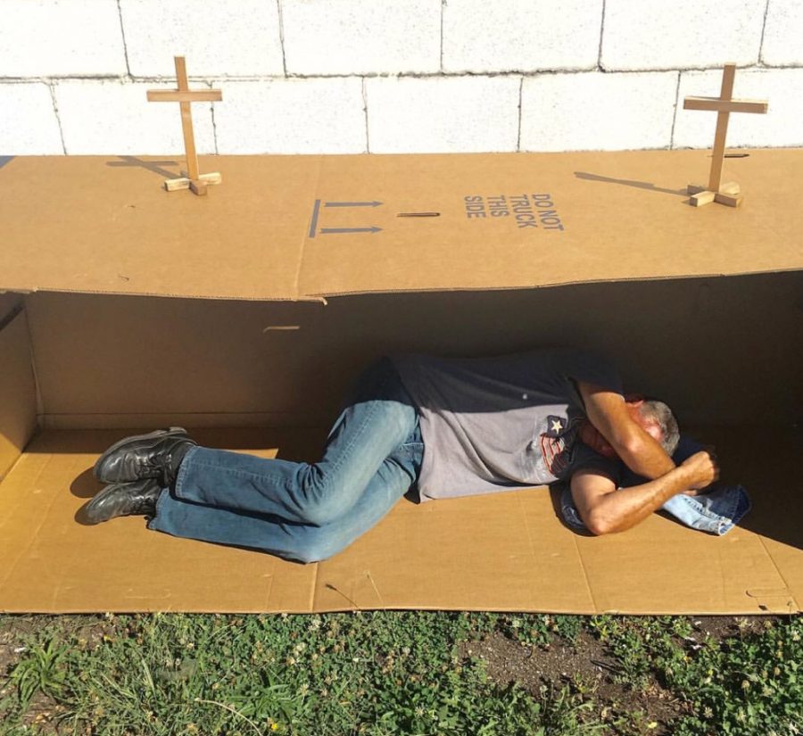 A One Night in a Box participant lays in his box from the 2016 event. Photo provided by Ed Swartz.