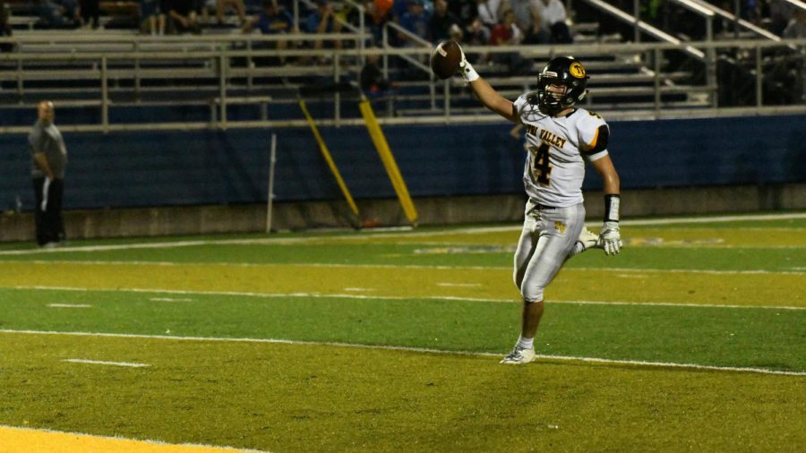 Tri-Valley wide receiver Carson Simpkins trots to the end zone for his first of two fourth-quarter touchdowns against Philo.