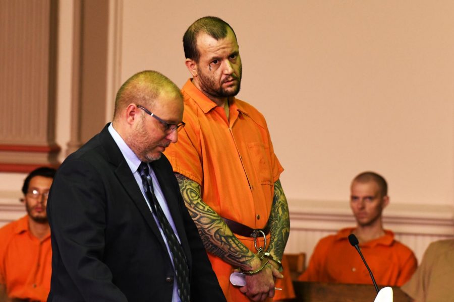 Joseph Tetak of Adamsville appears before Judge Mark Fleegle in the Muskingum County Court of Common Pleas with Attorney Kieth Edwards on Oct. 17.