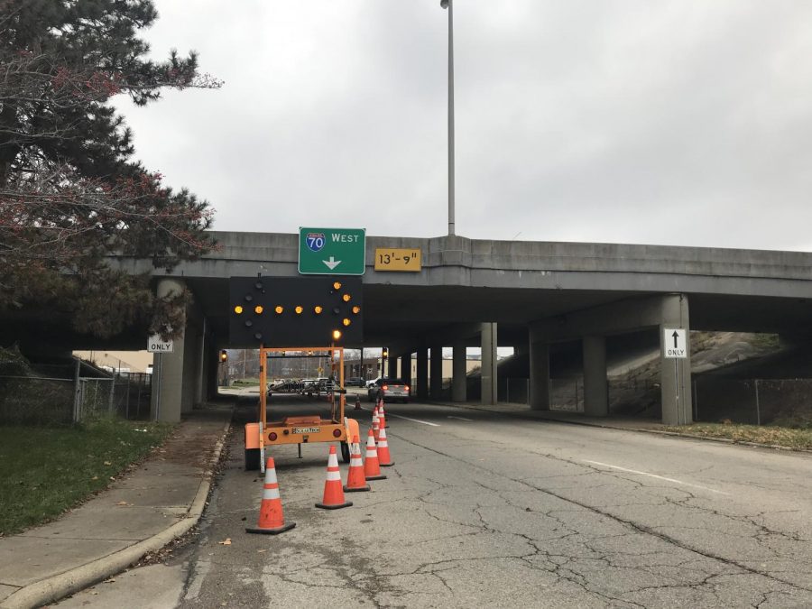 I-70 on-ramp from downtown, Maple Ave. exit closed for wall damage repairs