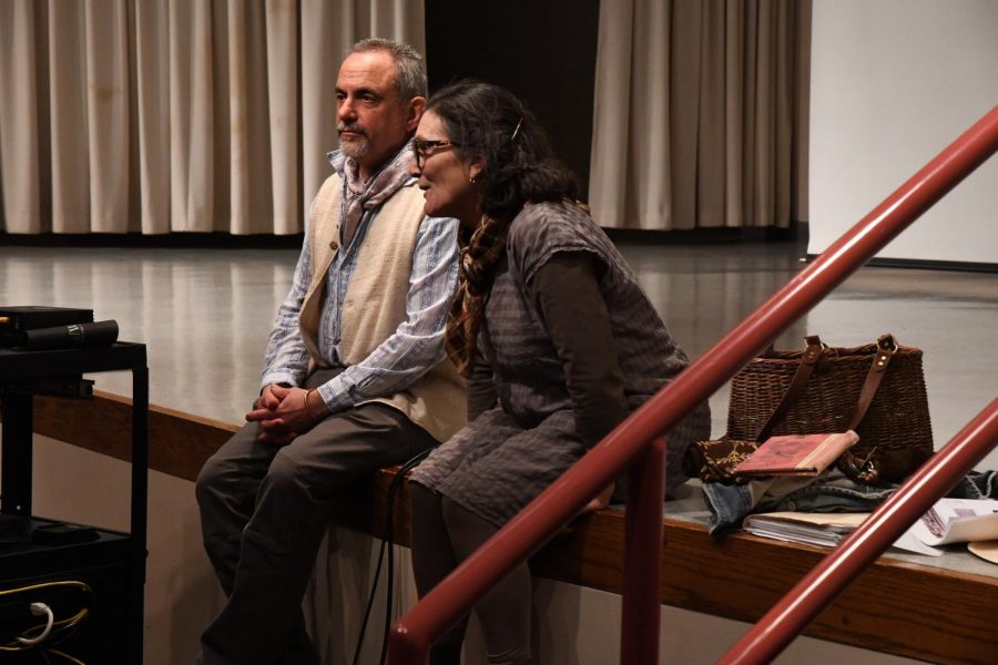 Maddy Fraioli and her husband Howard Peller field questions from the audience at the John McIntire Library Tuesday evening following their ceramics incubator presentation.