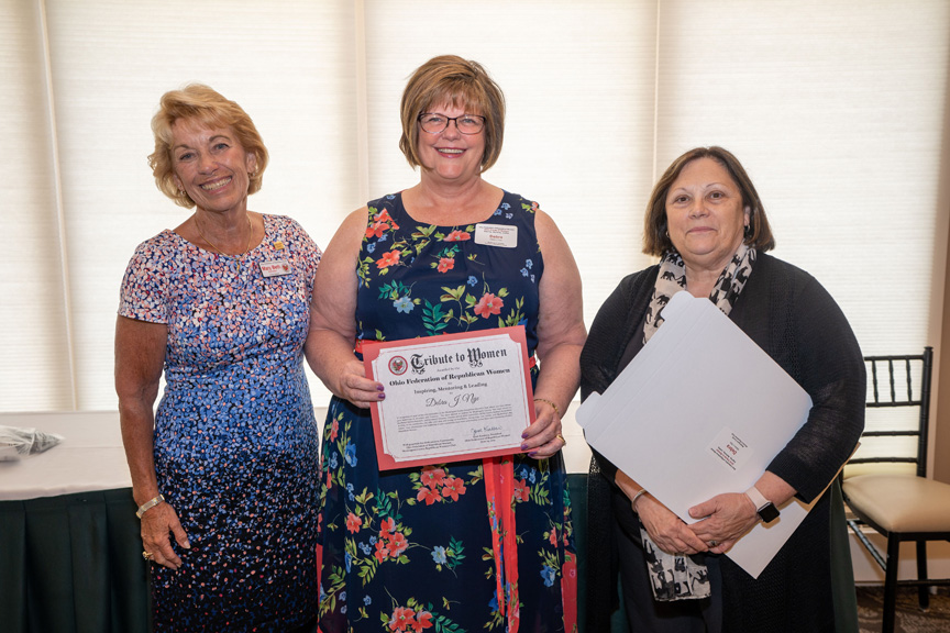 Debra Nye (center) of the Muskingum County Womens Republican Club receives her Tribute to Women award from Ohio Federation of Republican Womens Vice President Mary Beth Kemmer (left) and President Janet Kushlan (right). | Photo provided by Marilyn Clark
