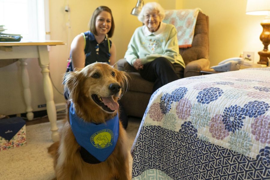 Maggie+the+Therapy+Dog+looks+for+a+treat+while+visiting+Helen+Purcell.+Her+owner%2C+Lisa+Marshall%2C+and+resident+Henrietta+Hurst+watch+in+the+background.+